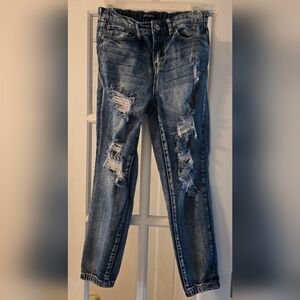 Elite Jeans Womens Medium Blue Distressed Cuffed Ankle Stretch Waist Jeggings